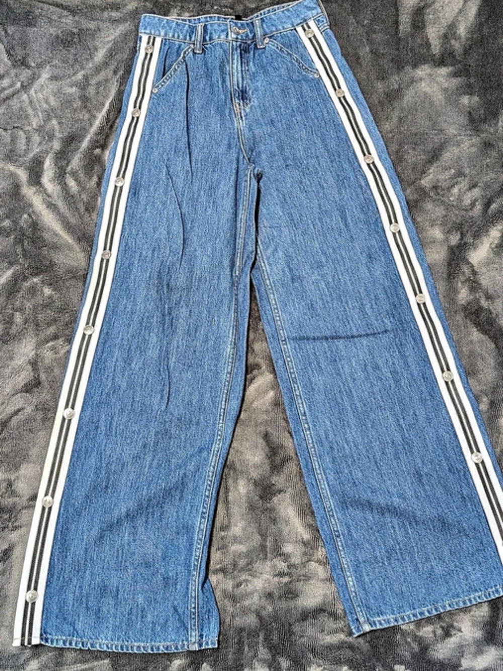 H&M High Waist Wide Leg Snap Button Track Jeans Side Stripe Blue Denim Size 0